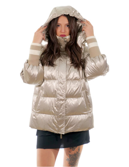 Piumino argento champagne 44 con colletto e polsi lana elastico cappuccio staccabile con bottoni