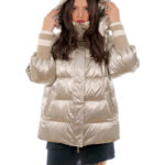 Piumino argento champagne 48 con colletto e polsi lana elastico cappuccio staccabile con bottoni