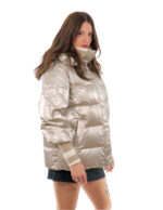 Champagne silver down jacket 44 with collar and cuffs wool elastic detachable hood with buttons - Image 3