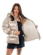 Champagne silver down jacket 44 with collar and cuffs wool elastic detachable hood with buttons - Image 7