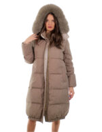 Cappotto tessuto tecnico piumino 106 centimetri grigio 46 con cappuccio staccabile pelliccia volpe bordo