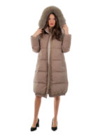 Cappotto tessuto tecnico piumino 106 centimetri grigio 50 con cappuccio staccabile pelliccia volpe bordo