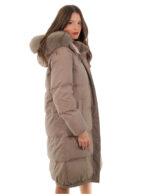 Cappotto tessuto tecnico piumino 106 centimetri grigio 54 con cappuccio staccabile pelliccia volpe bordo