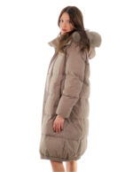 Cappotto tessuto tecnico piumino 106 centimetri grigio 50 con cappuccio staccabile pelliccia volpe bordo