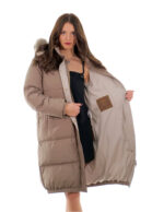 Cappotto tessuto tecnico piumino 106 centimetri grigio 50 con cappuccio staccabile pelliccia volpe bordo
