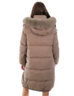 Cappotto tessuto tecnico piumino 106 centimetri grigio 50 con cappuccio staccabile pelliccia volpe bordo