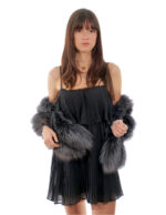 Stola volpe argentata con pelo colorato grigio lunga 140 cm nastrino di chiusura