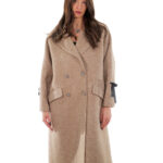 Cappotto cashmere e lana 46 beige 110 centimetri lungo manica lunga con nastrini neri a stringere manica