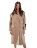 Cappotto cashmere e lana 46 beige 110 centimetri lungo manica lunga con nastrini neri a stringere manica