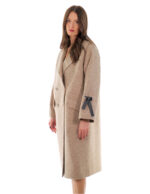 Cappotto cashmere e lana 46 beige 110 centimetri lungo manica lunga con nastrini neri a stringere manica