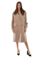 Cappotto cashmere e lana 52 beige 110 centimetri lungo manica lunga con nastrini neri a stringere manica