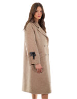 Cappotto cashmere e lana 54 beige 110 centimetri lungo manica lunga con nastrini neri a stringere manica
