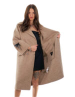 Cappotto cashmere e lana 54 beige 110 centimetri lungo manica lunga con nastrini neri a stringere manica