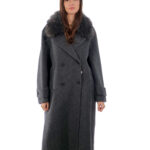 Cappotto cashmere e lana 52 antracite collo pelliccia volpe sciallato e cintura cappotto 120 centimetri