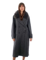 Cappotto cashmere e lana 48 antracite collo pelliccia volpe sciallato e cintura cappotto 120 centimetri