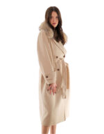 Cashmere and wool coat 46 beige fur collar fox shawl and belt coat 120cm - Image 4