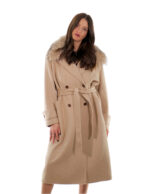 Cappotto cashmere e lana 48 beige collo pelliccia volpe sciallato e cintura cappotto 120 centimetri