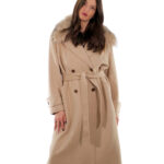 Cappotto cashmere e lana 50 beige collo pelliccia volpe sciallato e cintura cappotto 120 centimetri
