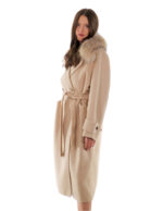 Cappotto cashmere e lana 50 beige collo pelliccia volpe sciallato e cintura cappotto 120 centimetri