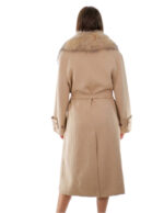 Cappotto cashmere e lana 50 beige collo pelliccia volpe sciallato e cintura cappotto 120 centimetri
