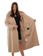 Cappotto cashmere e lana 50 beige collo pelliccia volpe sciallato e cintura cappotto 120 centimetri
