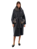 Anthracite grey cashmere and wool coat 48 collar and pockets with detachable fox fur 116cm long - Image 5