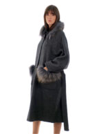 Anthracite gray cashmere and wool coat 52 collar and pockets with detachable fox fur 116 cm long - Image 3