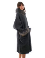 Anthracite gray cashmere and wool coat 50 collar and pockets with detachable fox fur 116 cm long - Image 3