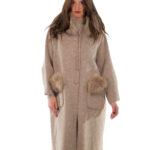 Beige cashmere and wool coat 50 collar and pockets with detachable fox fur 116cm long