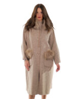 Beige cashmere and wool coat 52 collar and pockets with detachable fox fur 116cm long