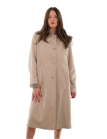 Cappotto 114 centimetri montone tortora beige 48 manica lunga reversibile chiusura bottoni