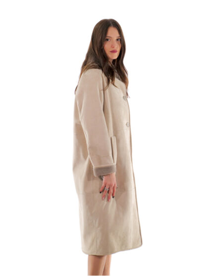 Cappotto 114 centimetri montone tortora beige 52 manica lunga reversibile chiusura bottoni