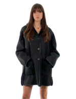 Coat 82cm 48cm Black Sheepskin Shawl Collar Fur Long Sleeve Mug Pockets