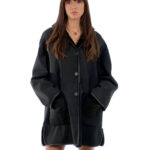 Coat 82cm 52 Black Sheepskin Shawl Collar Fur Long Sleeve Mug Pockets