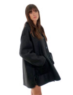 Coat 82cm 52 Black Sheepskin Shawl Collar Fur Long Sleeve Mug Pockets - Image 2