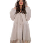 Fringed Coat 82cm 48cm Beige Pearl Sheepskin Hood Fur Long Sleeve Outdoor Pockets