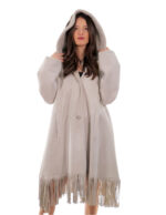 Fringed Coat 82cm 48cm Beige Pearl Sheepskin Hood Fur Long Sleeve Outdoor Pockets
