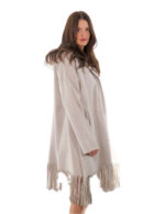 Fringed Coat 82cm 48cm Beige Pearl Sheepskin Hood Fur Long Sleeve Outdoor Pockets - Image 2