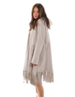 Fringed Coat 82cm 48cm Beige Pearl Sheepskin Hood Fur Long Sleeve Outdoor Pockets - Image 3