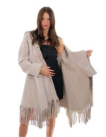 Fringed Coat 82cm 48cm Beige Pearl Sheepskin Hood Fur Long Sleeve Outdoor Pockets - Image 6
