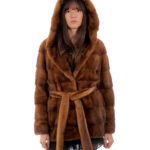 Horizontal mink jacket hood 42 gold possibility of shawl collar long sleeve belt