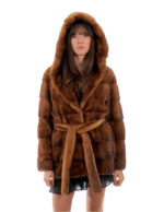 Horizontal mink jacket hood 42 gold possibility of shawl collar long sleeve belt