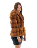 Damen Jacke Kapuze 40 Gold Möglichkeit von Schal Kragen Horizontal Nerz Langarm Gürtel – Bild 2