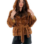 Jacket hood 44 gold possibility of shawl collar horizontal mink woman long sleeve belt