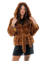 Jacket hood 44 gold possibility of shawl collar horizontal mink woman long sleeve belt