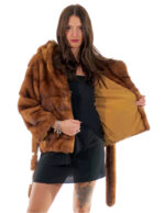 Damen Jacke Kapuze 40 Gold Möglichkeit von Schal Kragen Horizontal Nerz Langarm Gürtel – Bild 6