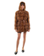 Coat 78cm gold gold 50 mink horizontal hood button collar long sleeve external pocket - Image 4