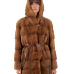 Coat 78cm gold gold 50 mink horizontal hood button collar long sleeve external pocket