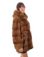 Coat 78cm gold gold 50 mink horizontal hood button collar long sleeve external pocket - Image 2