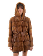 Coat 78cm gold gold 54 horizontal mink hood button collar long sleeve external pocket